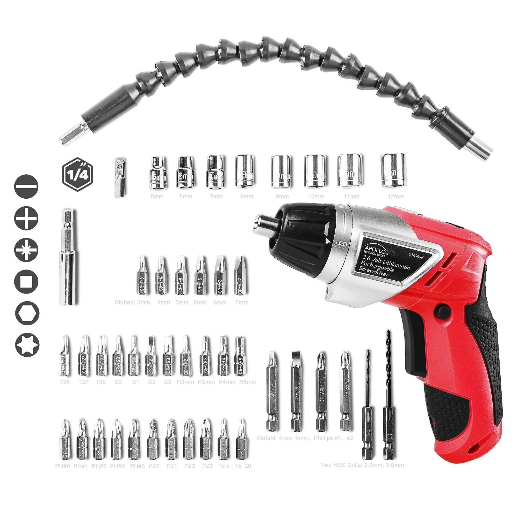 3.6 Volt Lithium-Ion Rechargeable Screwdriver with 45 Pieces Accessory Set - DT4944