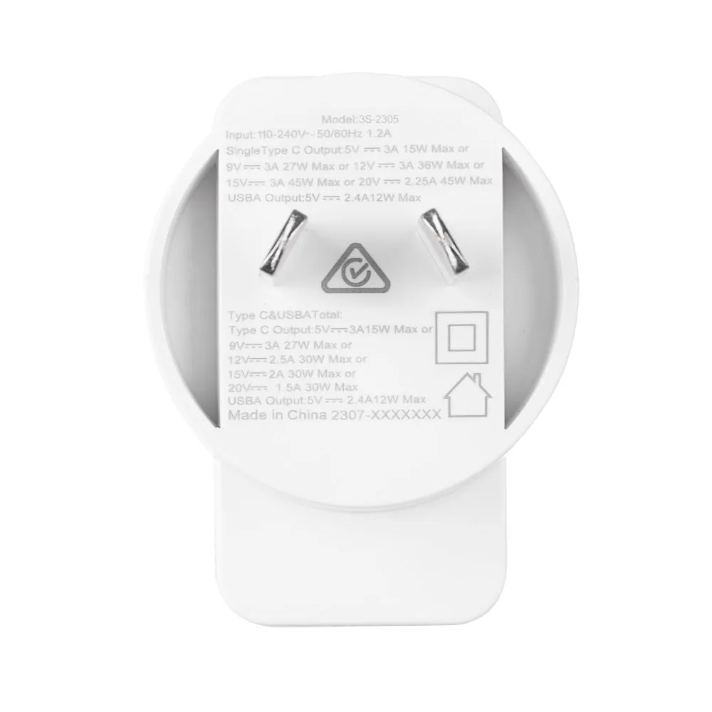 3SixT ANZ 45W USB-C PD   2.4A Wall Charger - White