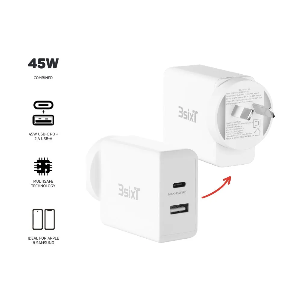 3SixT ANZ 45W USB-C PD   2.4A Wall Charger - White