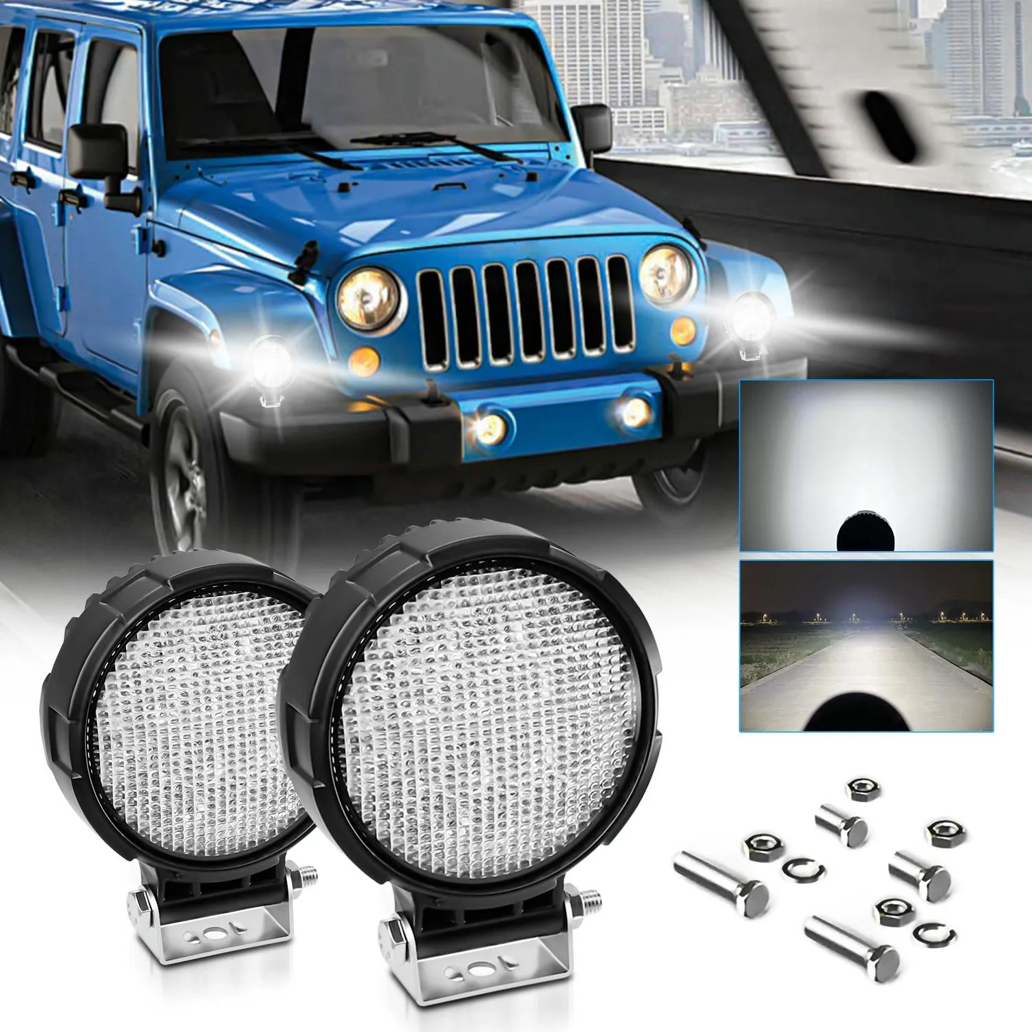 4" Round Work Light | 14W | 9-30V | Floodlight | Mixed Luminous | With Wire Set