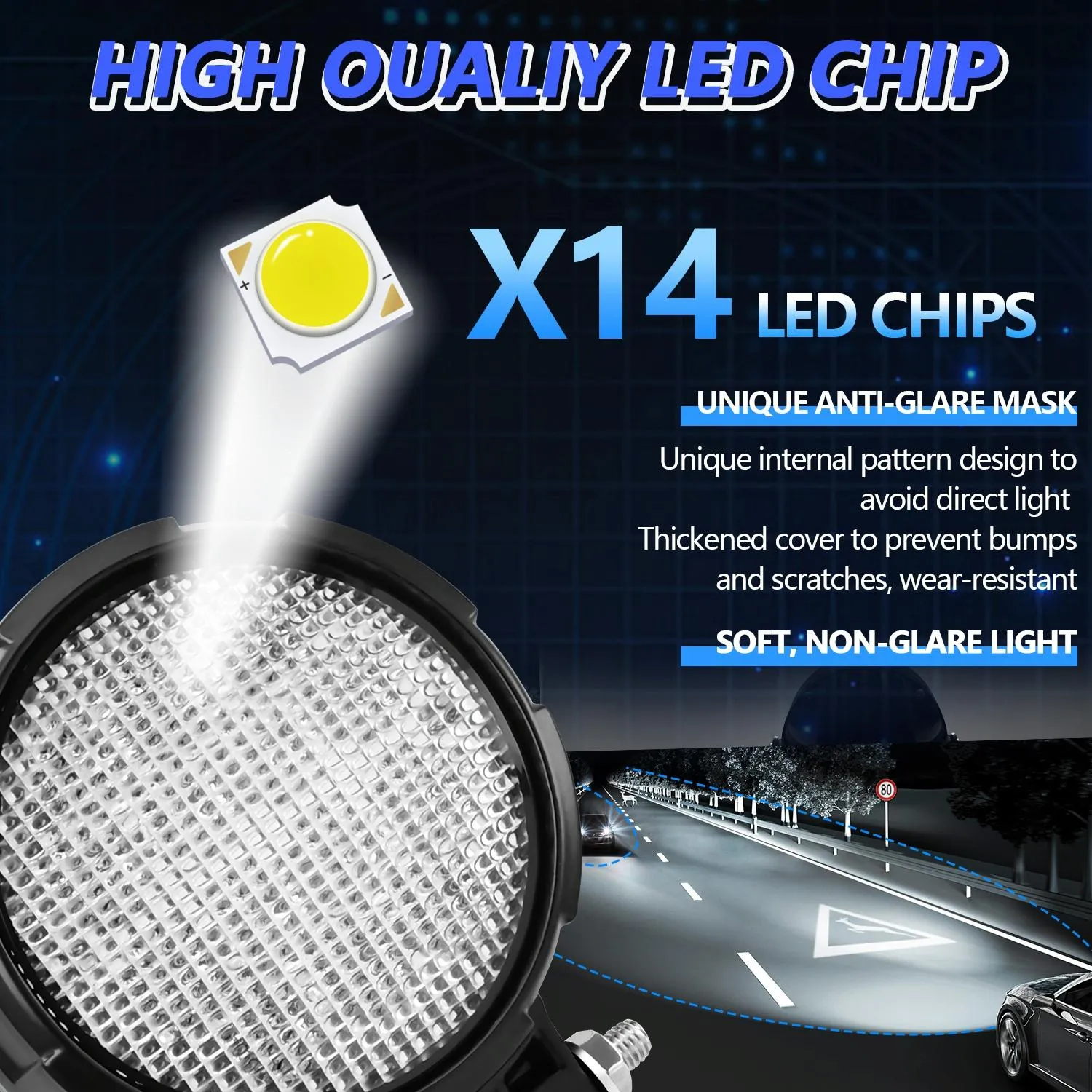 4" Round Work Light | 14W | 9-30V | Floodlight | Mixed Luminous | With Wire Set