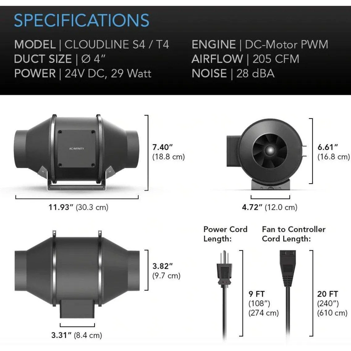 AC Infinity Cloudline T Series Inline Fans with LCD Temp and Humidity Controller