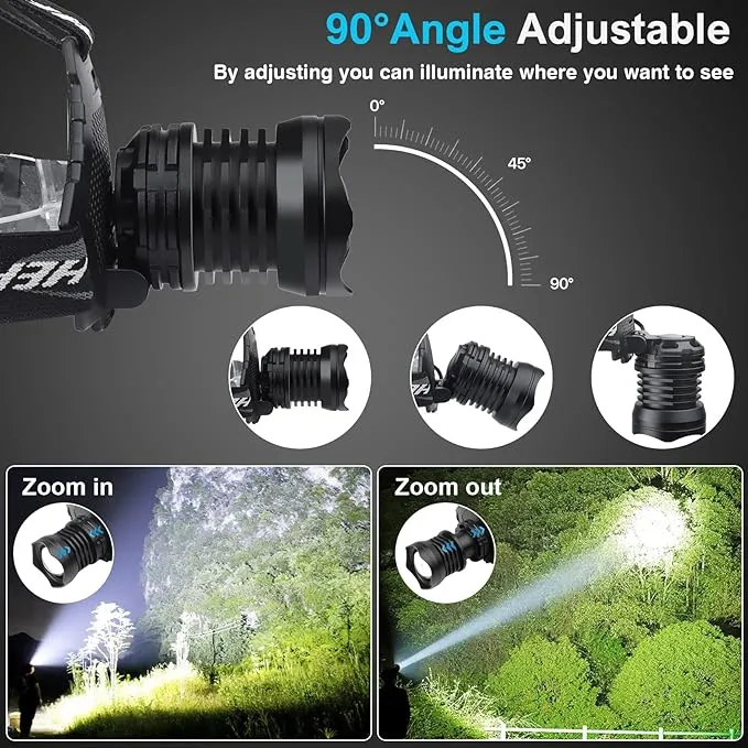 Aikertec Rechargeable LED Headlamp 100000 Lumen, Super Bright Head Lamp Flashlight with 5 Lighting Modes, IPX6 Waterproof, Zoomable Headlamp for Camping, Hiking, Fishing, Biking, Running (2 Pack)