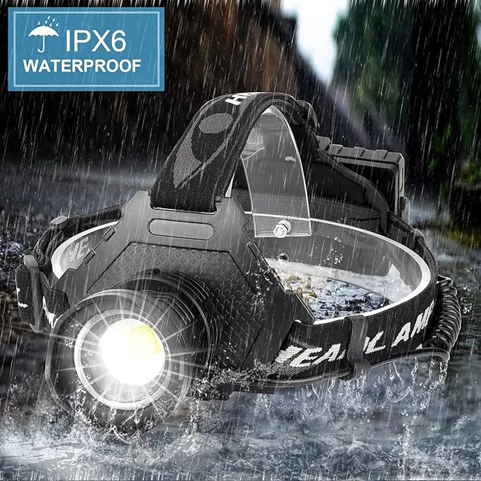 Aikertec Rechargeable LED Headlamp 100000 Lumen, Super Bright Head Lamp Flashlight with 5 Lighting Modes, IPX6 Waterproof, Zoomable Headlamp for Camping, Hiking, Fishing, Biking, Running (2 Pack)