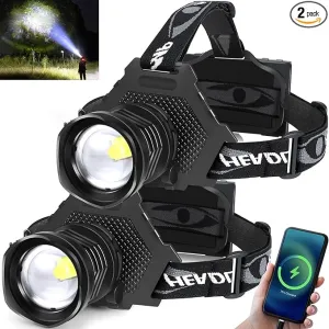 Aikertec Rechargeable LED Headlamp 100000 Lumen, Super Bright Head Lamp Flashlight with 5 Lighting Modes, IPX6 Waterproof, Zoomable Headlamp for Camping, Hiking, Fishing, Biking, Running (2 Pack)