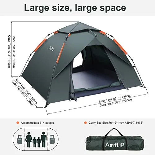 Amflip Camping Tent Automatic 2-3 Man Person Instant Tent Pop Up