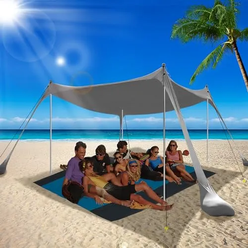 BOTINDO Family Beach Tent Canopy Sun Shade, Pop Up Grande Beach Tent Sun Shelter Stability 4 Poles with Portable Carry Bag Outdoor Shade for Fishing Backyard Camping Picnics (Grey, 7x7.5FT 4Pole)