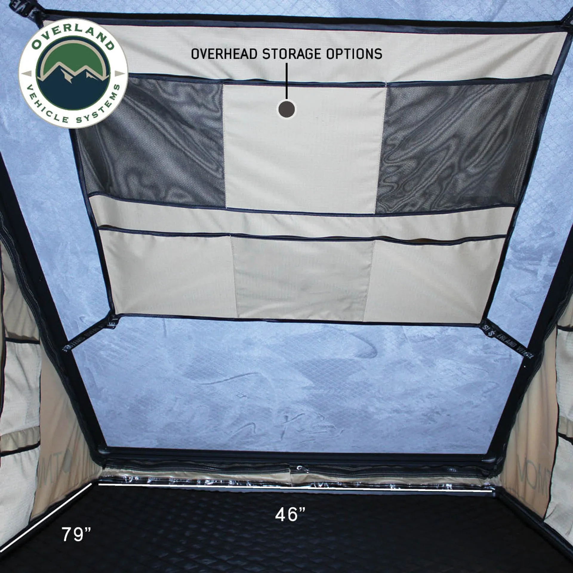 Overland Vehicle Systems LD TMON Clamshell Aluminum Hard Shell Roof Top Tent - 2 Person Capacity, Tan Body & Green Rainfly