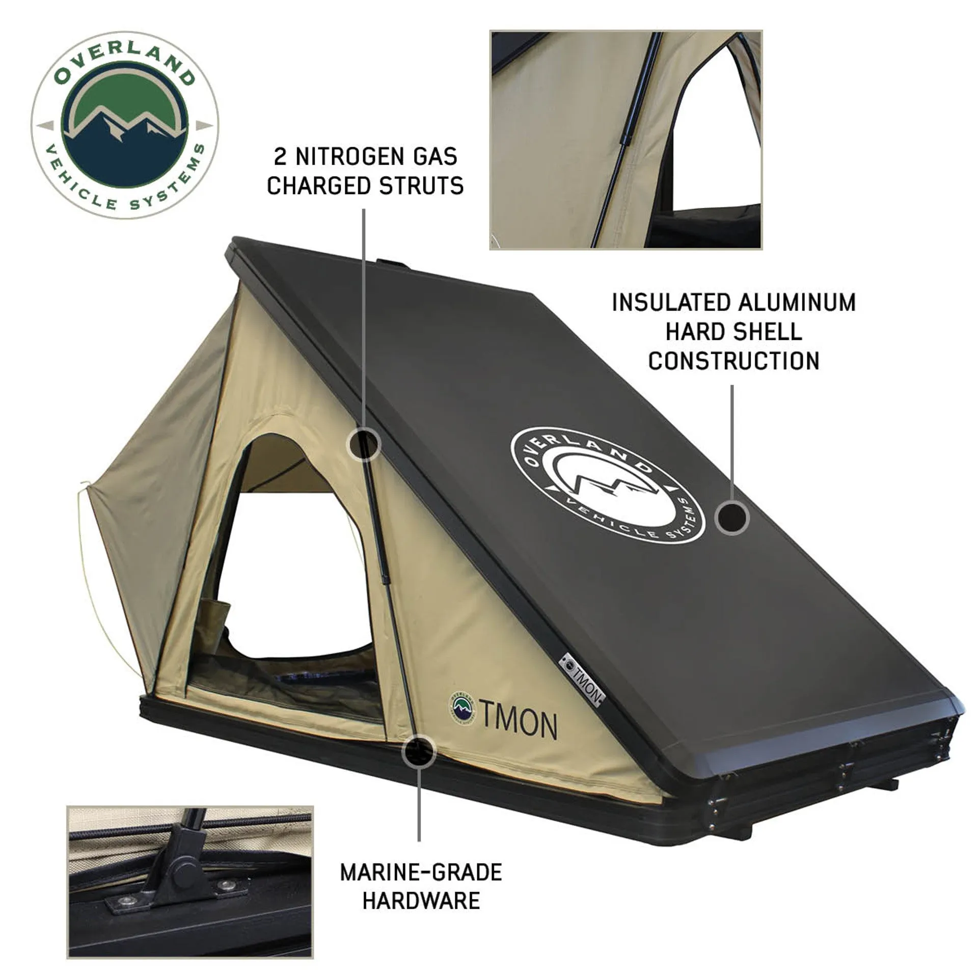 Overland Vehicle Systems LD TMON Clamshell Aluminum Hard Shell Roof Top Tent - 2 Person Capacity, Tan Body & Green Rainfly