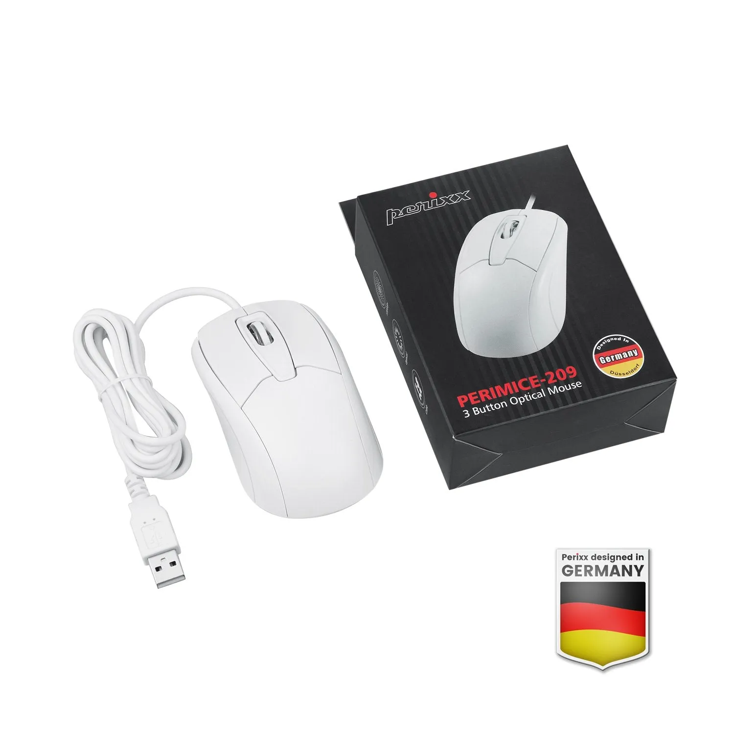 PERIMICE-209 W U - Wired White USB Ambidextrous Mouse for Left and Right Hand