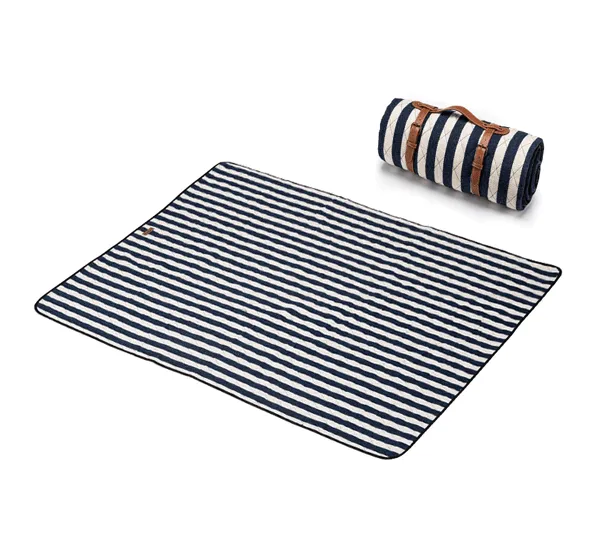 Washable Picnic Mat - Urban Modern - Leather Handle Design (Blue & White Stripe)