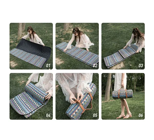 Washable Picnic Mat - Urban Modern - Leather Handle Design (Blue & White Stripe)