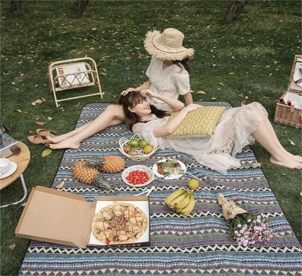 Washable Picnic Mat - Urban Modern - Leather Handle Design (Blue & White Stripe)